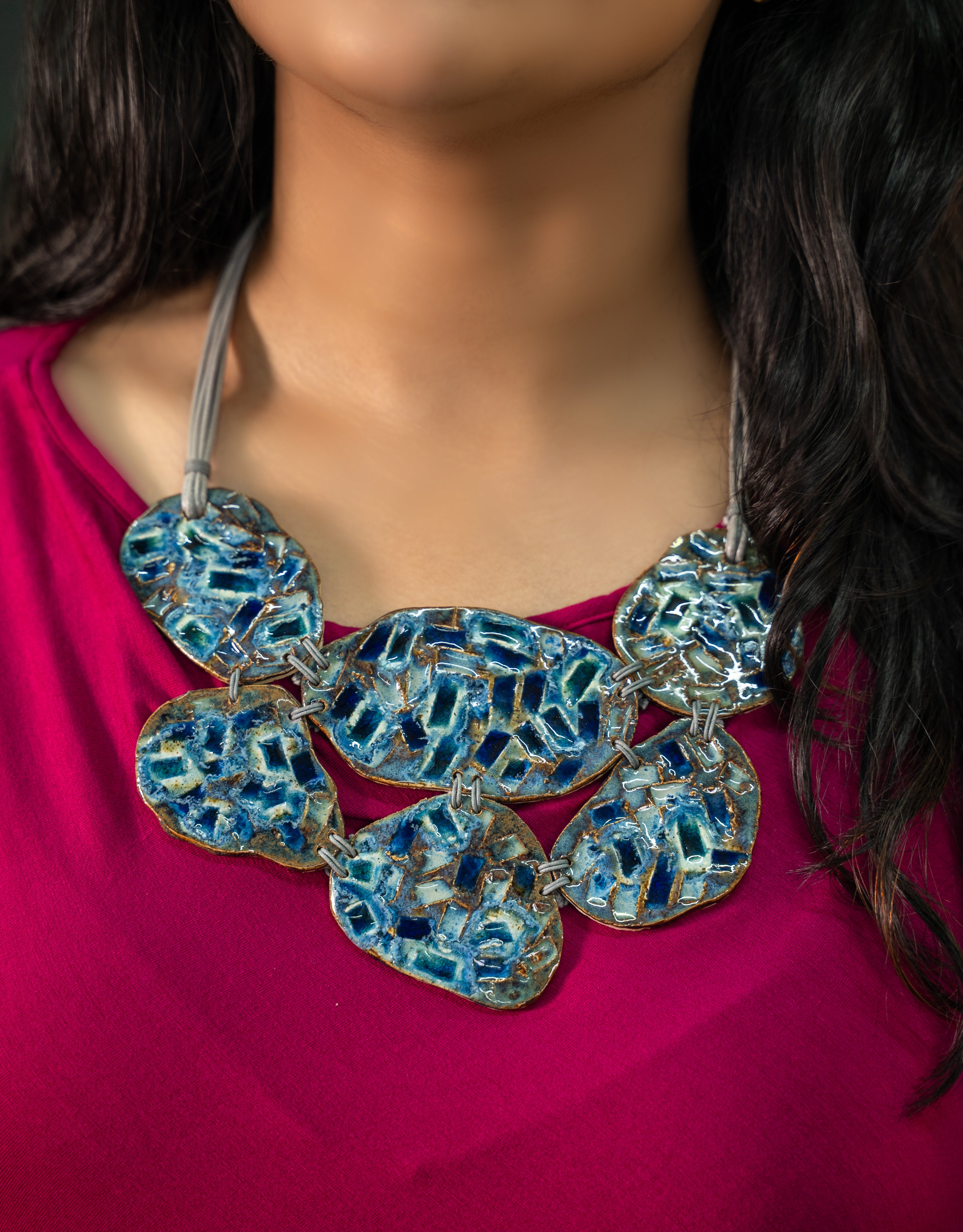 Handcrafted Ceramic & Brass Fusion Necklace in Cluster