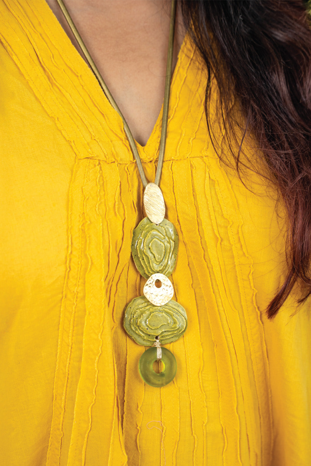 Handcrafted Ceramic & Brass Fusion Necklace with Glass Beads